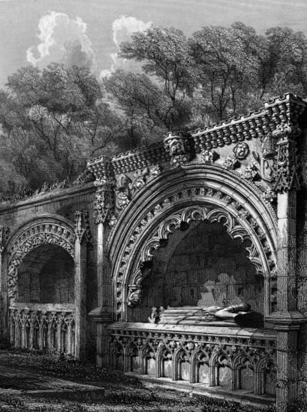 Black and white drawing of two stone canopied tombs - with lying figures and ornate carving, within a ruined cathedral with trees and sky visible behind